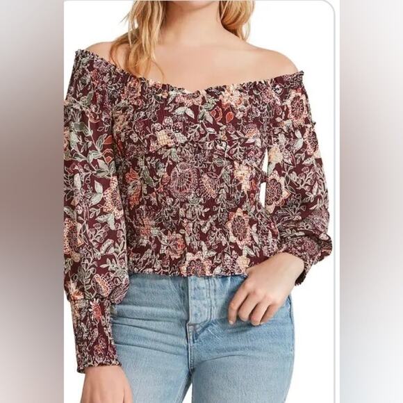 BB Dakota x Steve Madden Burgundy Floral Smocked Off-Shoulder Blouse Top Size M - Picture 1 of 9